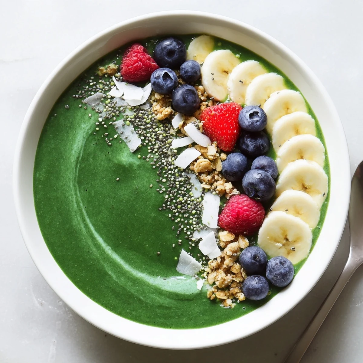Chilled Green Smoothie Bowl with Spirulina, Banana & Hemp Seeds garnished with granola