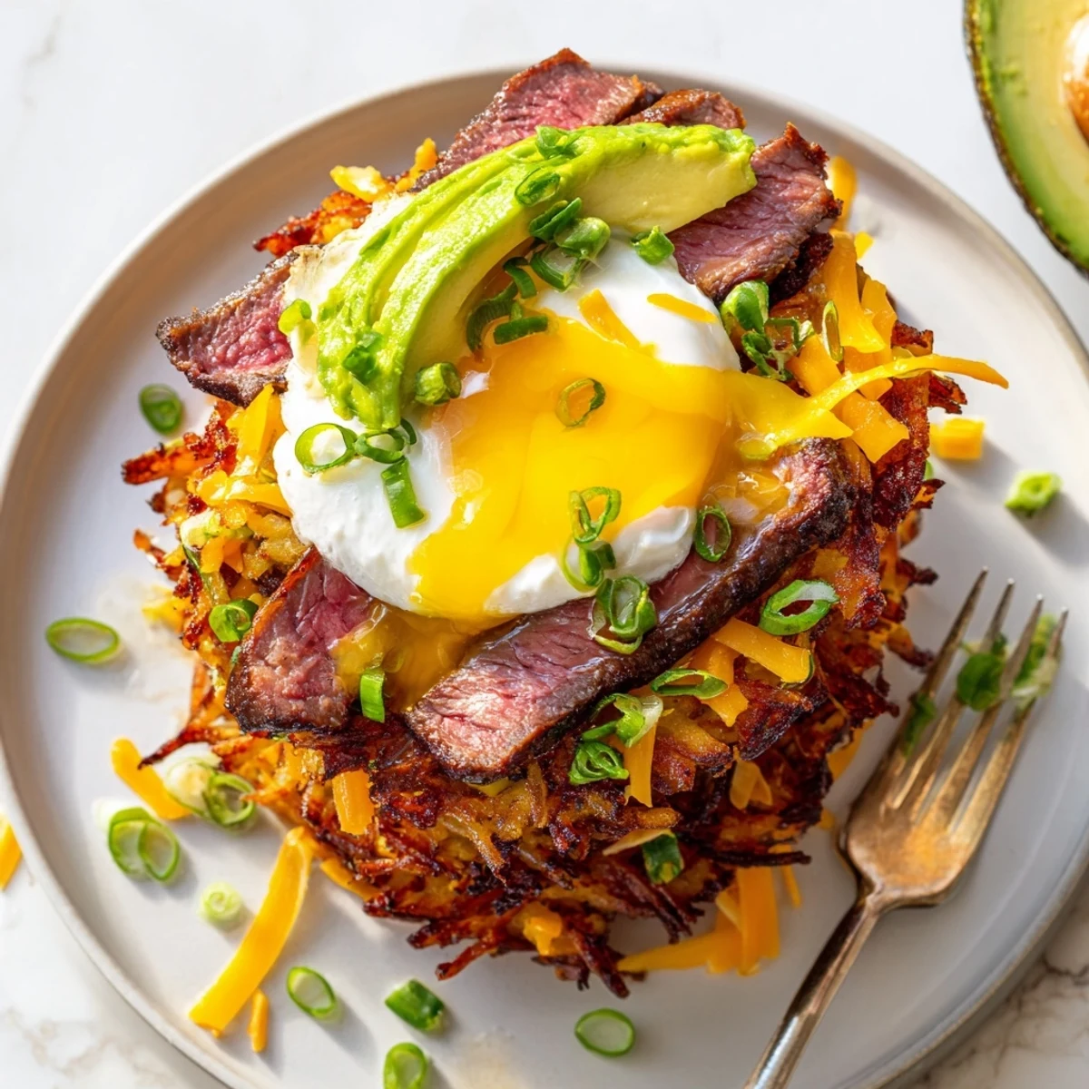 Loaded Steak Egg Hash Brown Stacks Recipe: crispy golden rounds, melted cheddar