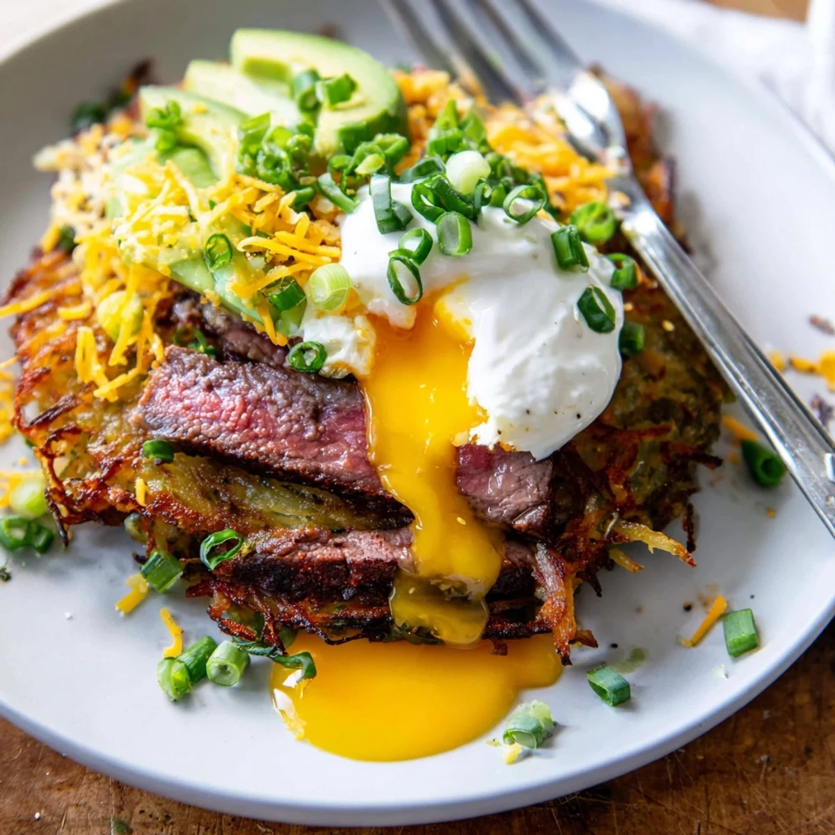 Skillet-seared Loaded Steak Egg Hash Brown Stacks Recipe with runny egg yolk
