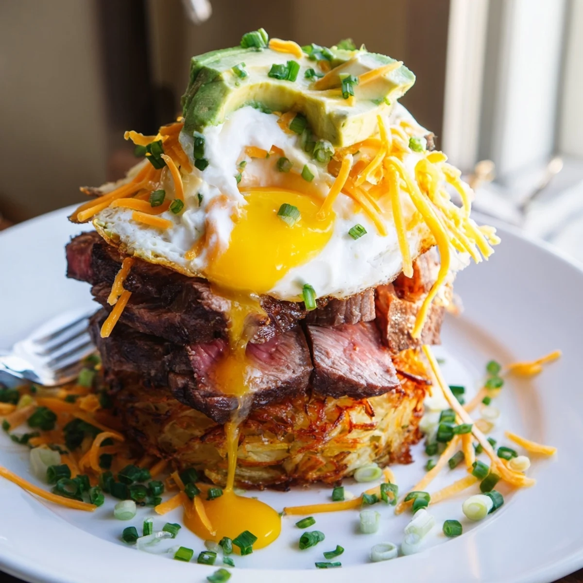 Weekend brunch Loaded Steak Egg Hash Brown Stacks Recipe garnished with sliced avocado