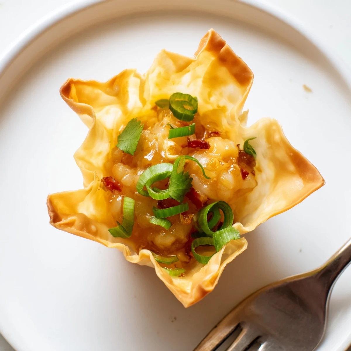 Crispy Shrimp Wonton Cups With Lime Cream: zesty, creamy bites topped with scallions