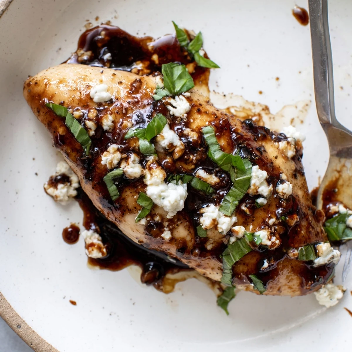 Plate of Sweet Tangy Balsamic Chicken with Goat Cheese & Basil, glossy glaze