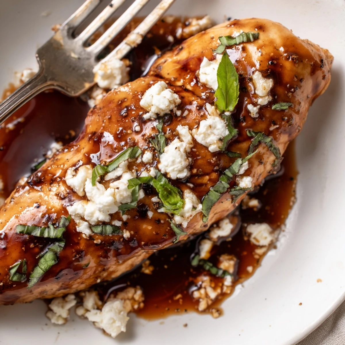 Oven-baked Sweet Tangy Balsamic Chicken with Goat Cheese & Basil, served warm
