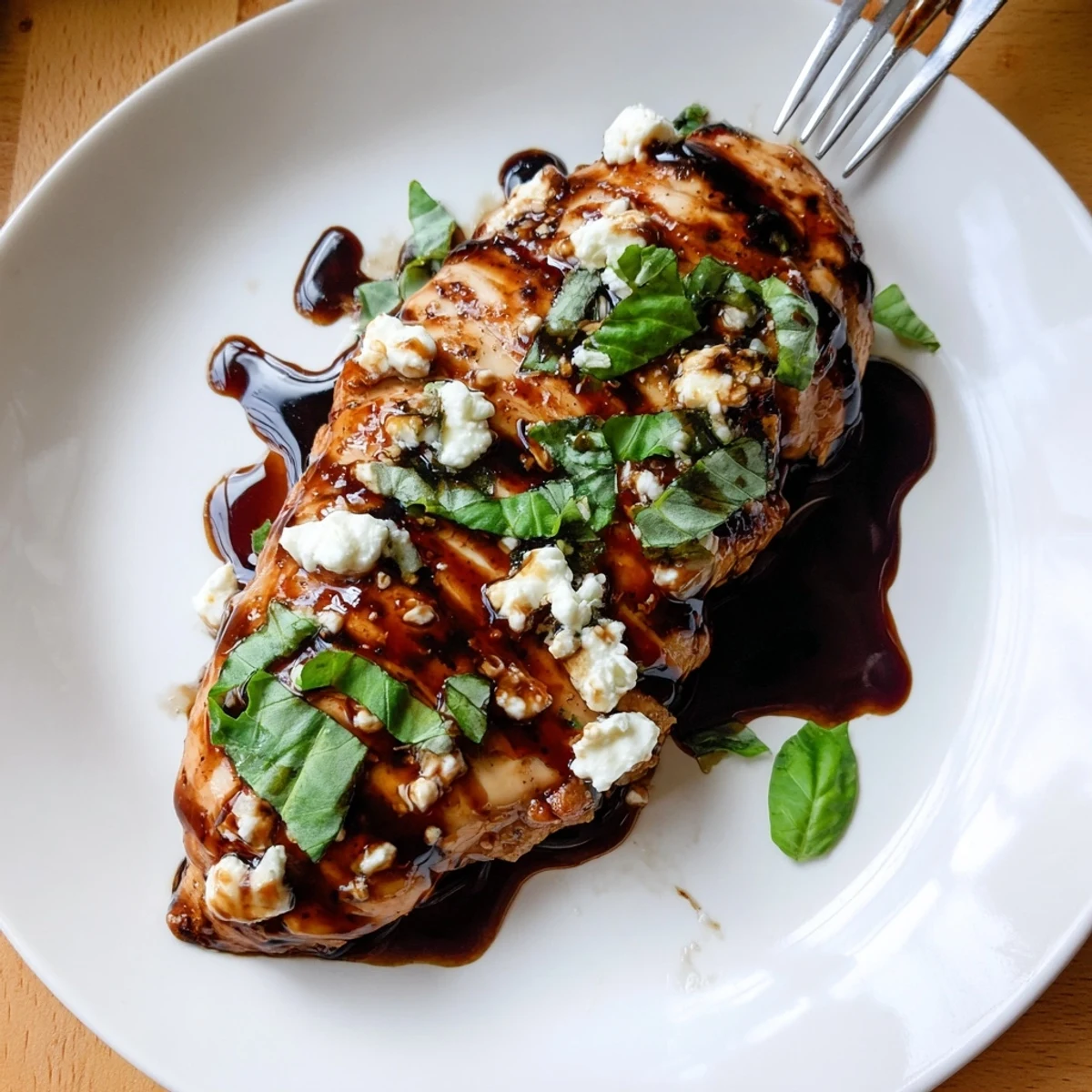 Close-up of Sweet Tangy Balsamic Chicken with Goat Cheese & Basil, goat cheese melting