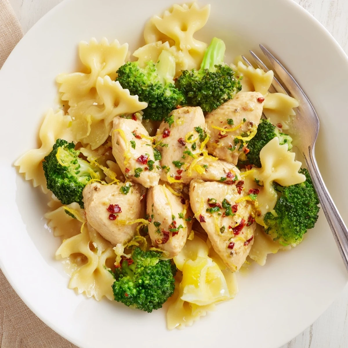 Golden sliced chicken drizzled with melted zesty cowboy butter atop lemony bowtie pasta.