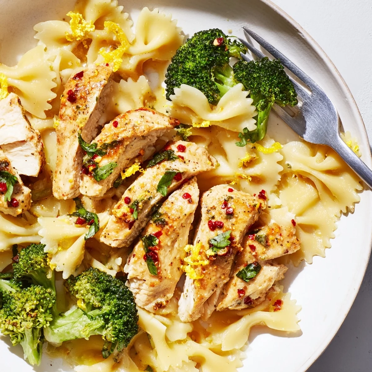 Sliced cowboy butter chicken resting on bright farfalle pasta with fresh crisp broccoli florets.