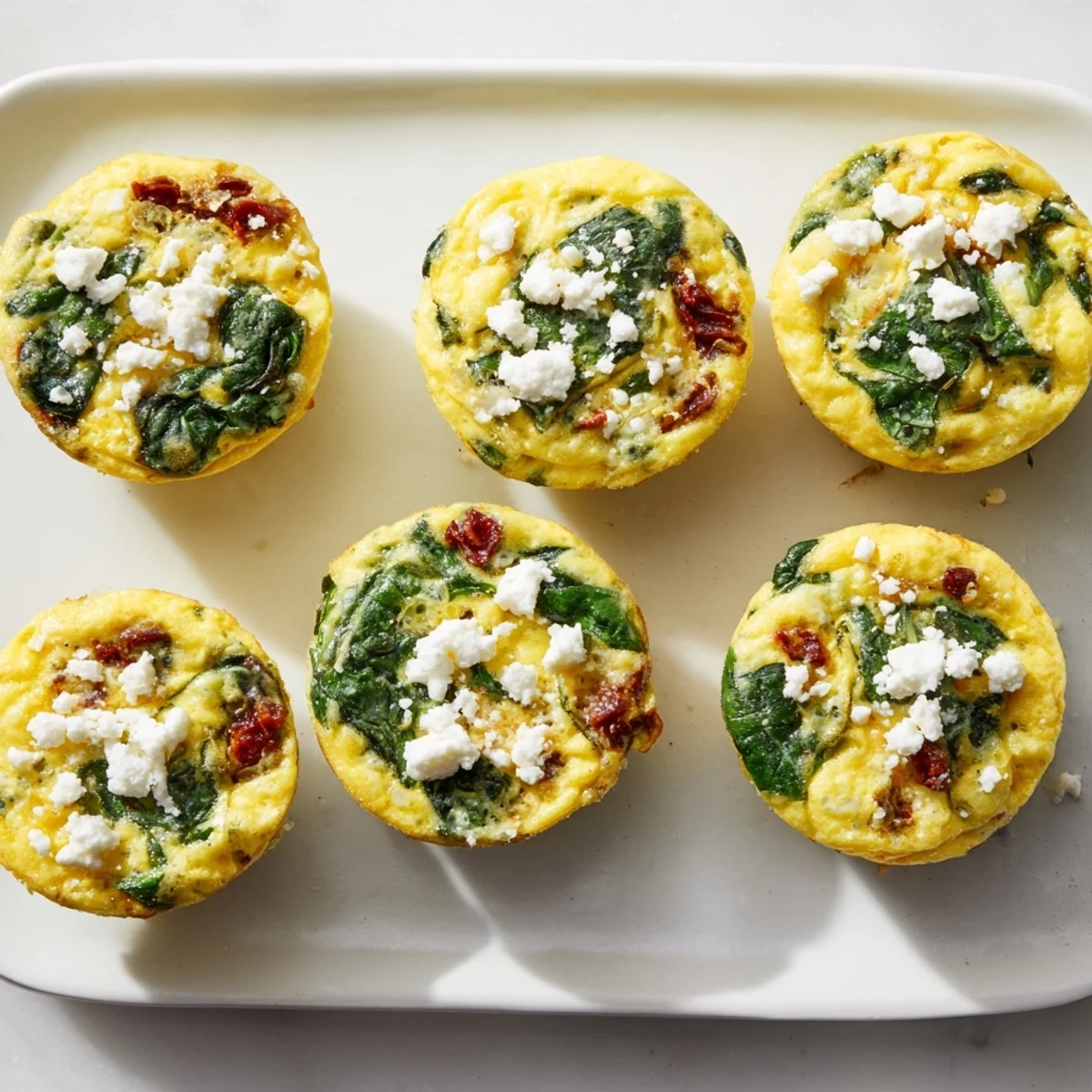 Fluffy spinach feta and sun dried tomato egg muffin cups arranged on a white serving plate