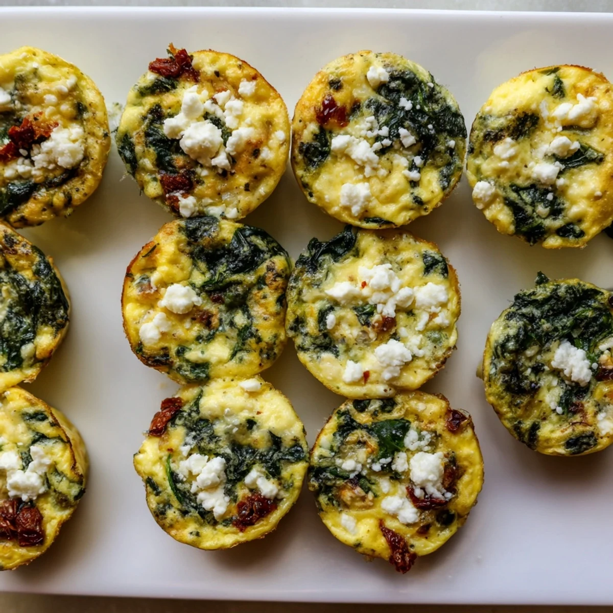 Bite-sized Mediterranean egg muffins topped with melted feta and vibrant red tomato pieces
