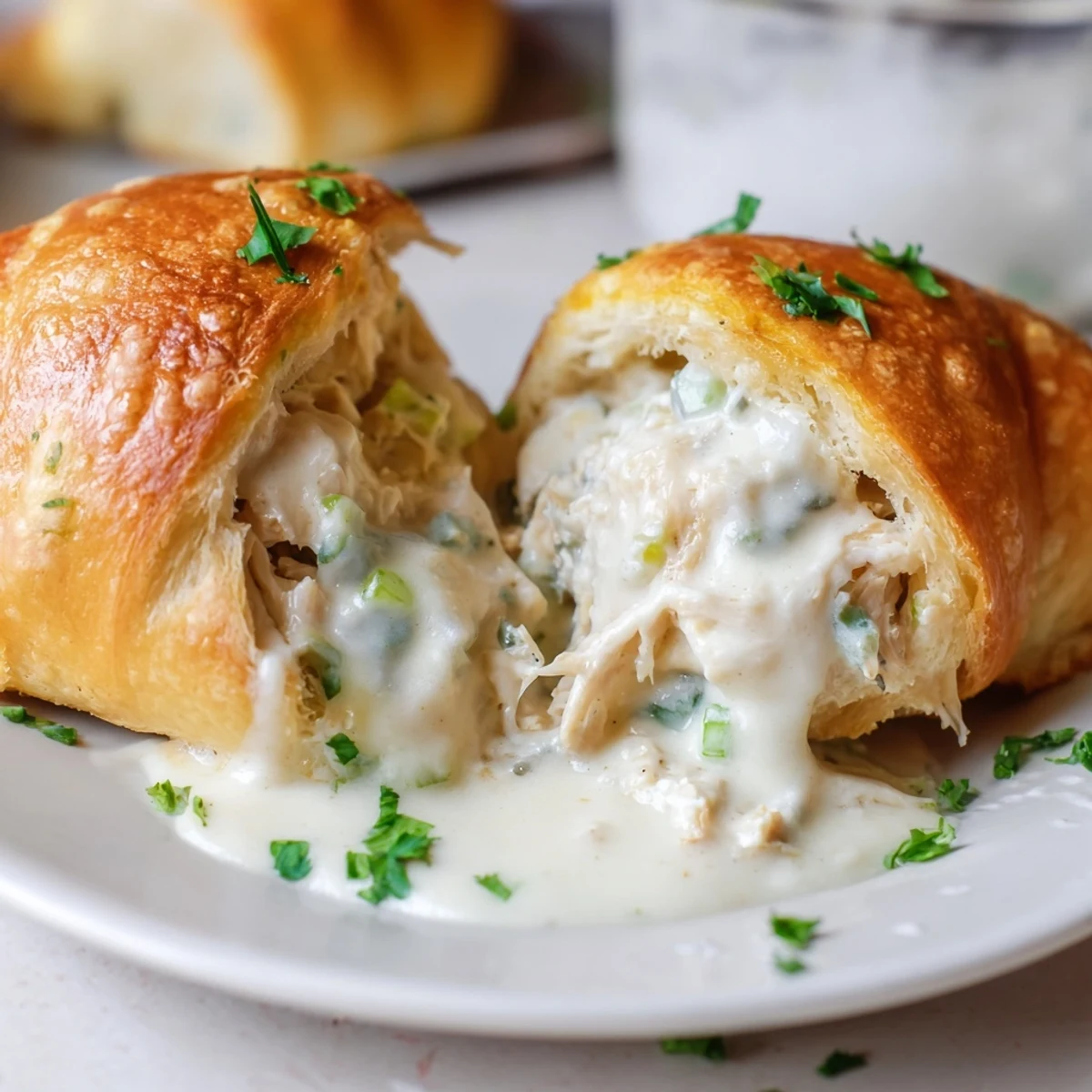 Homemade chicken pillows baked until golden brown and served with warm parmesan cream sauce