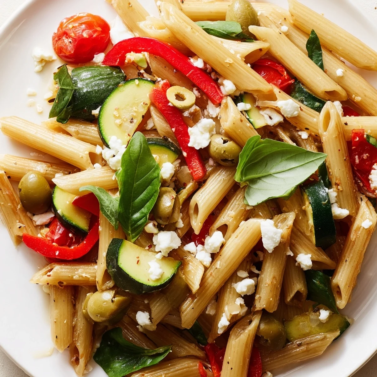 Golden Mediterranean one pot pasta tossed with colorful vegetables and olives in a rustic bowl