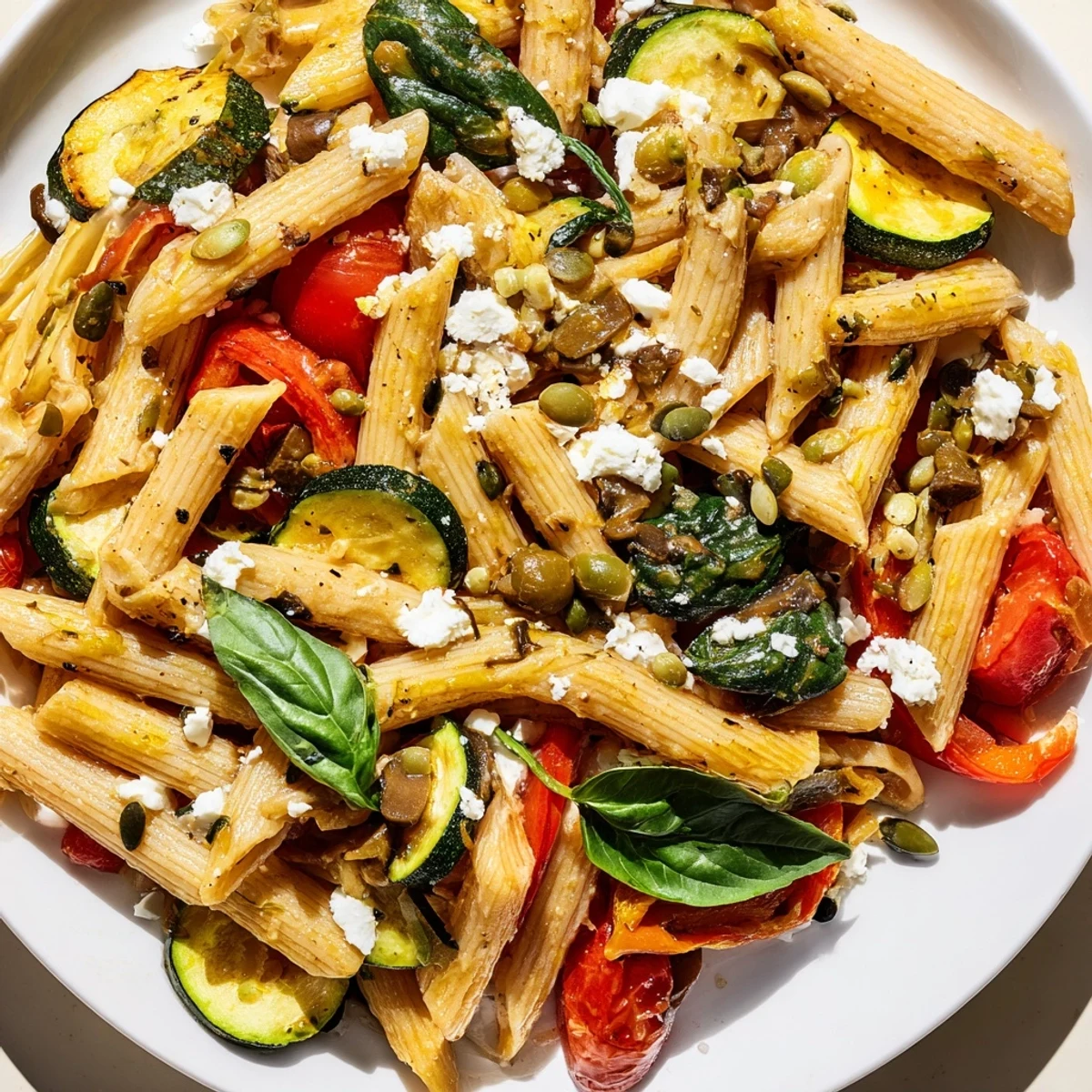 Steaming Mediterranean one pot pasta featuring penne, cherry tomatoes, and fresh spinach garnished with basil