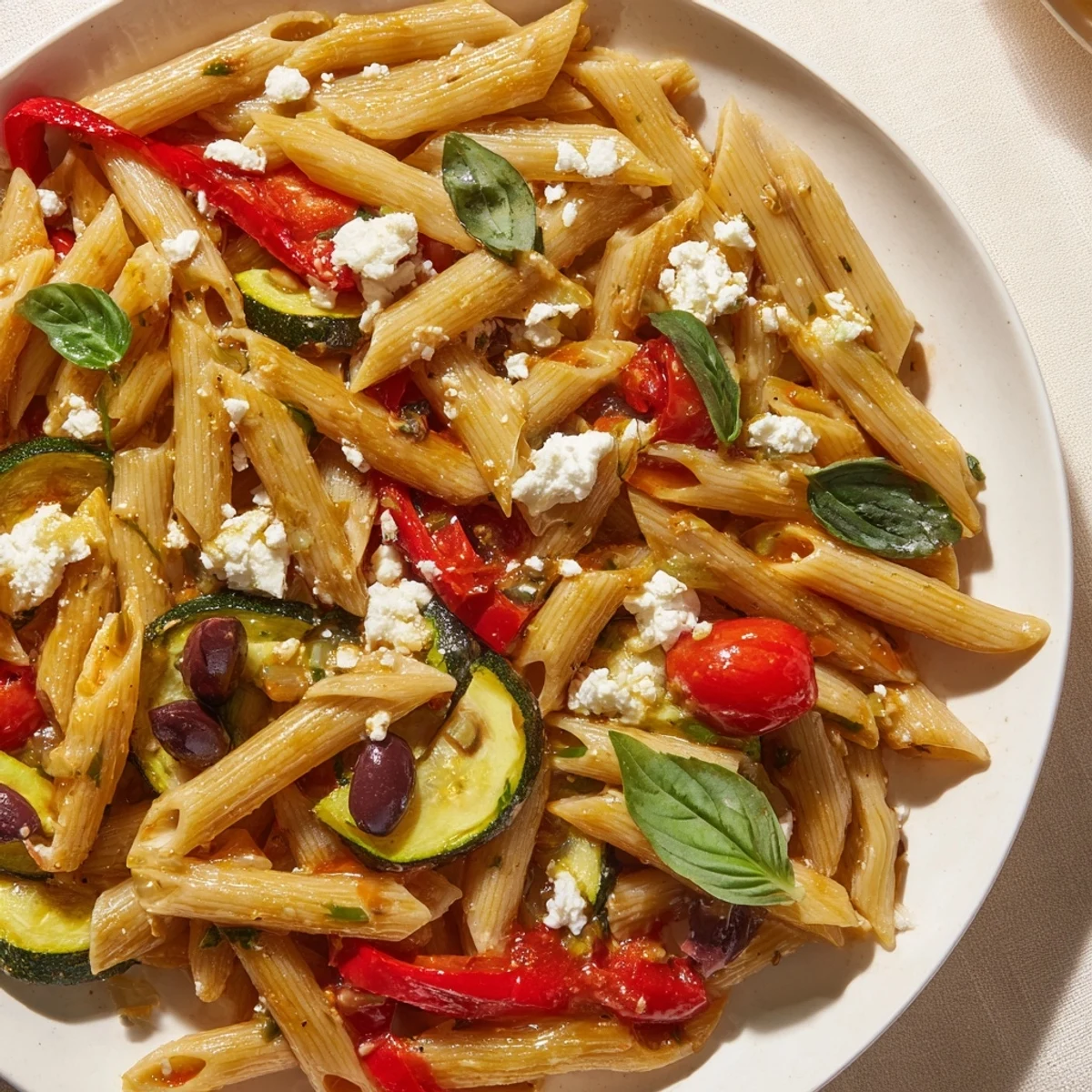 Close-up of Mediterranean one pot pasta with zucchini, bell peppers, and crumbled feta cheese topping