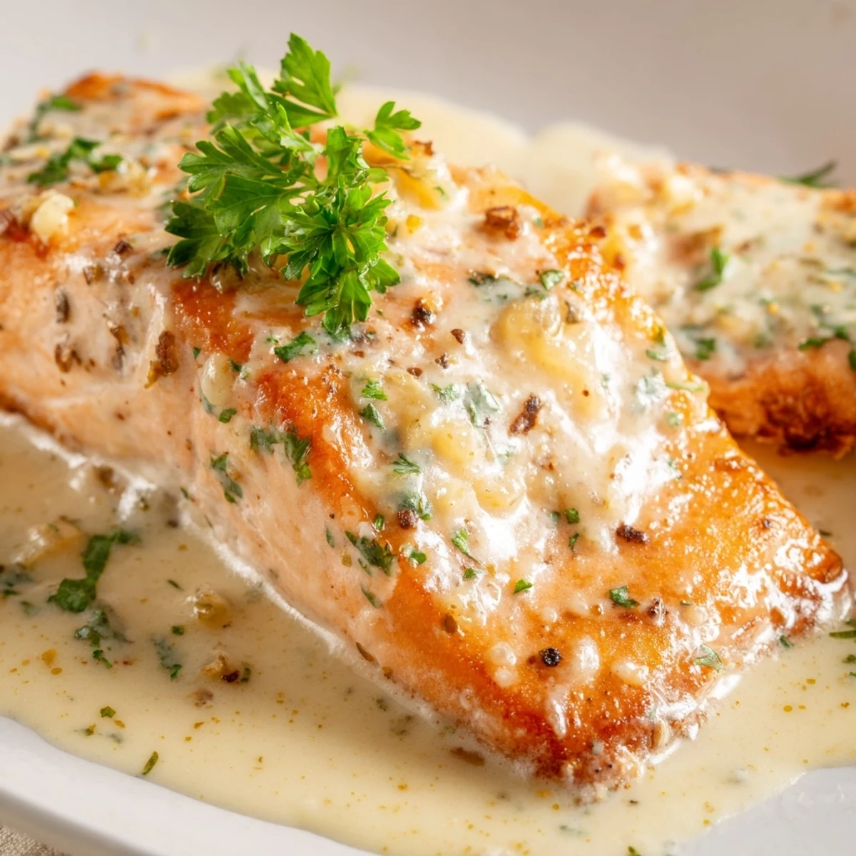 Golden pan-seared salmon fillet drizzled with creamy lemon garlic sauce and fresh parsley