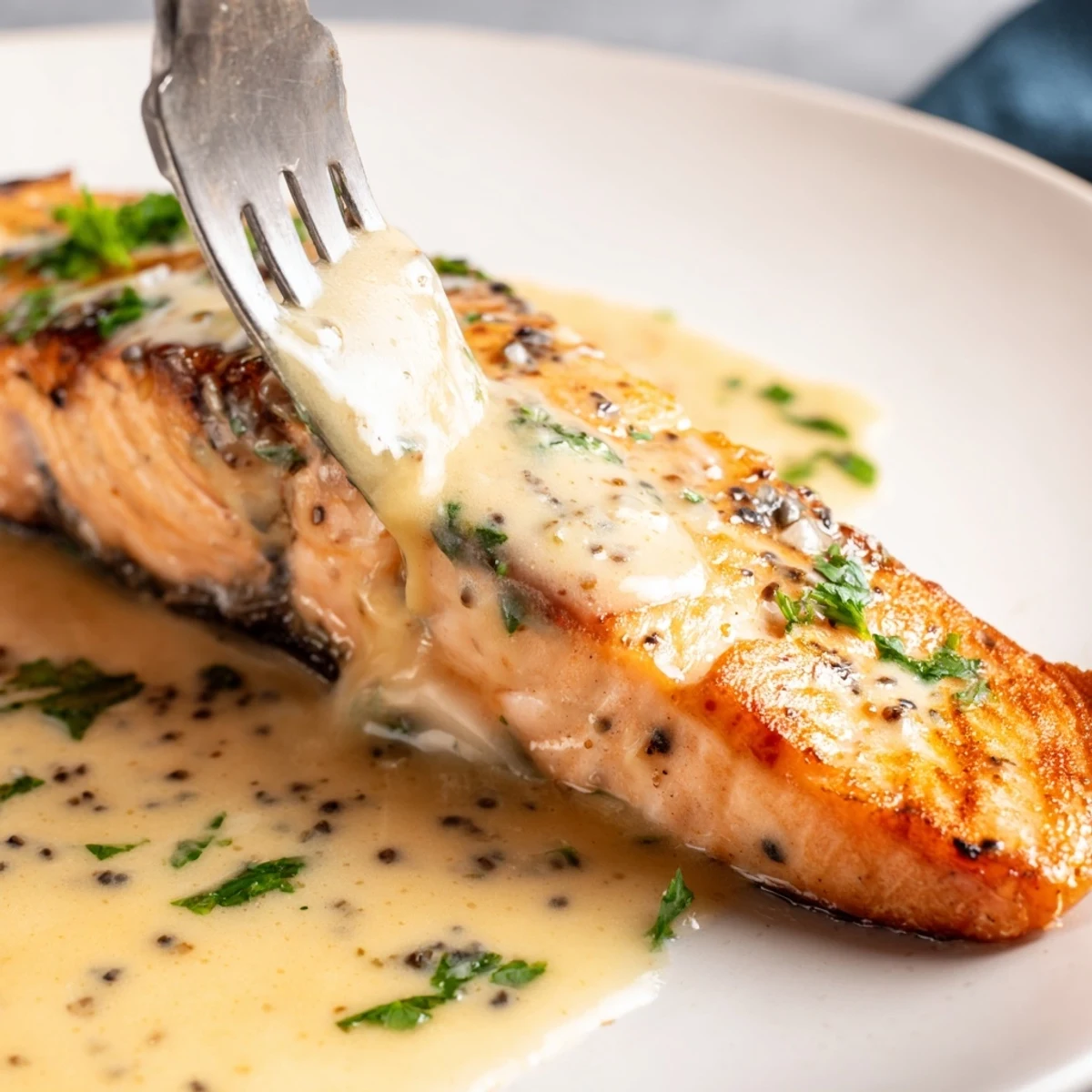 Tender salmon with lemon cream sauce served on white plate with lemon wedge garnish