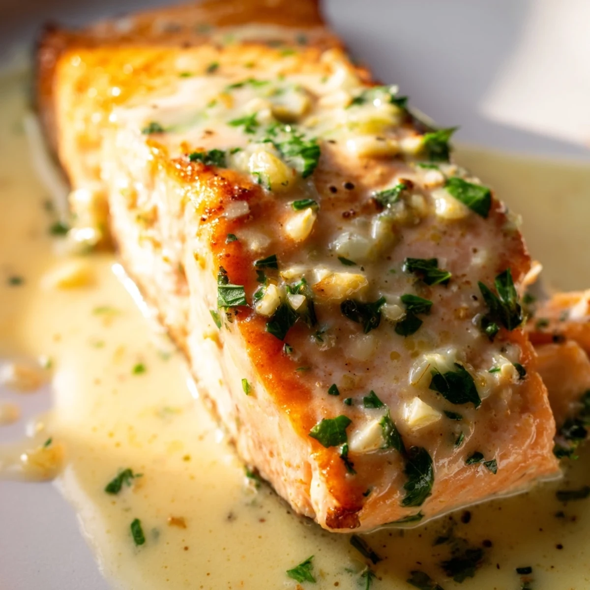 Savory salmon fillet swimming in tangy lemon cream sauce with chopped parsley sprinkled on top
