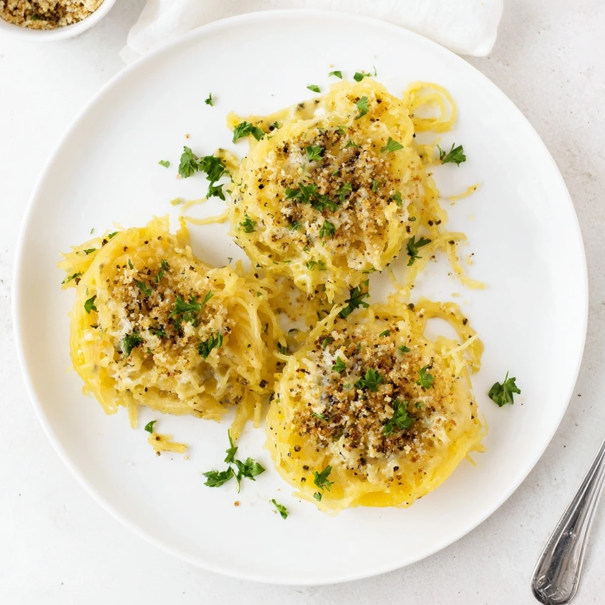 Golden baked spaghetti squash mac and cheese topped with crispy buttered breadcrumbs and fresh parsley garnish
