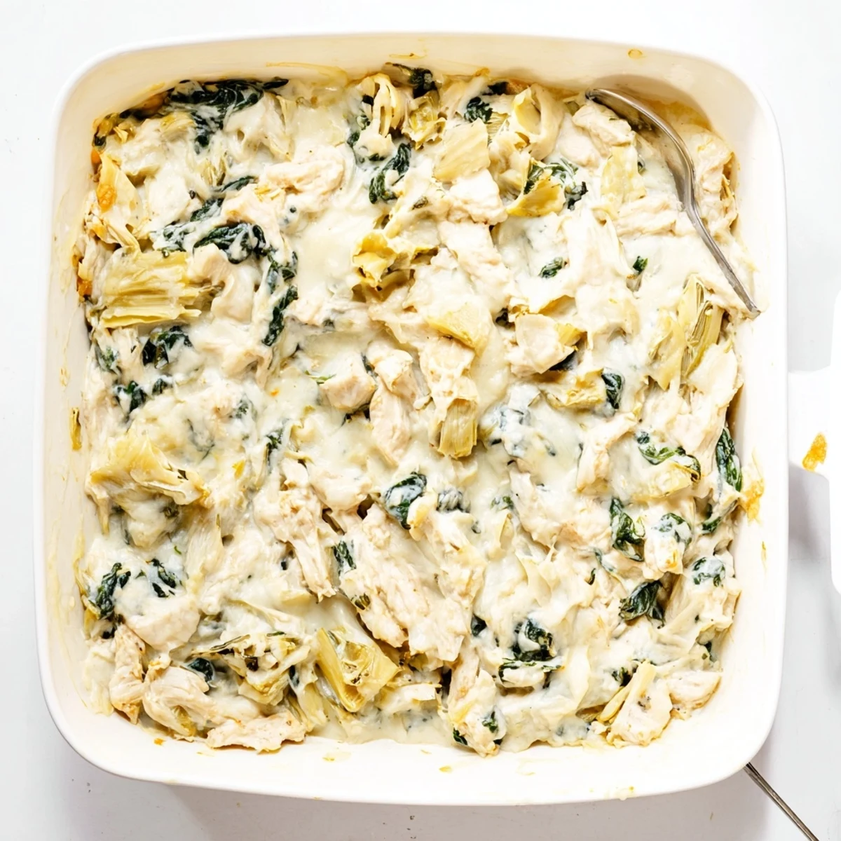 Creamy baked spinach artichoke chicken casserole fresh from the oven served family style