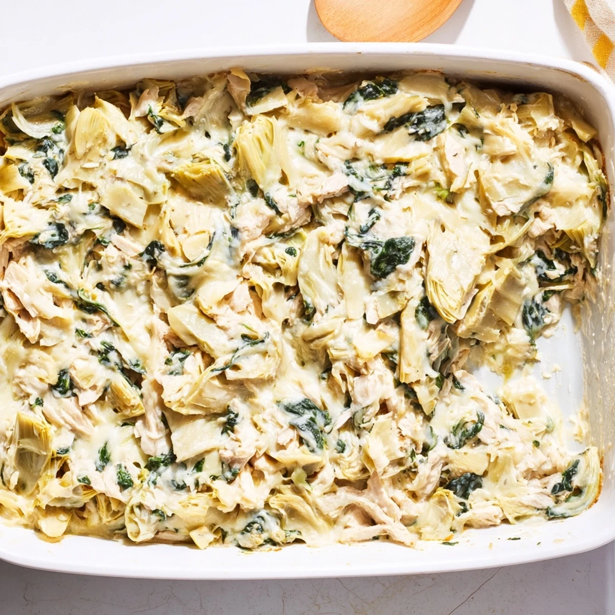 Golden bubbling spinach artichoke chicken casserole with melted mozzarella cheese topping