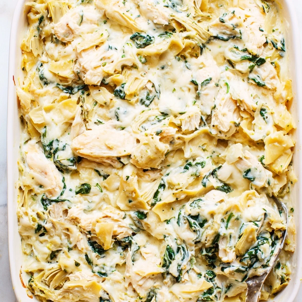 Spoonful of cheesy spinach artichoke chicken casserole showing tender chicken and vibrant spinach