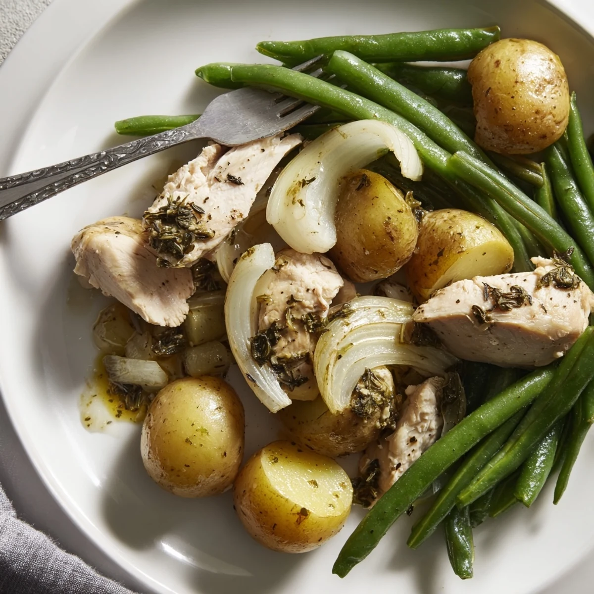 Golden slow cooker chicken and potatoes with green beans served in a deep white bowl