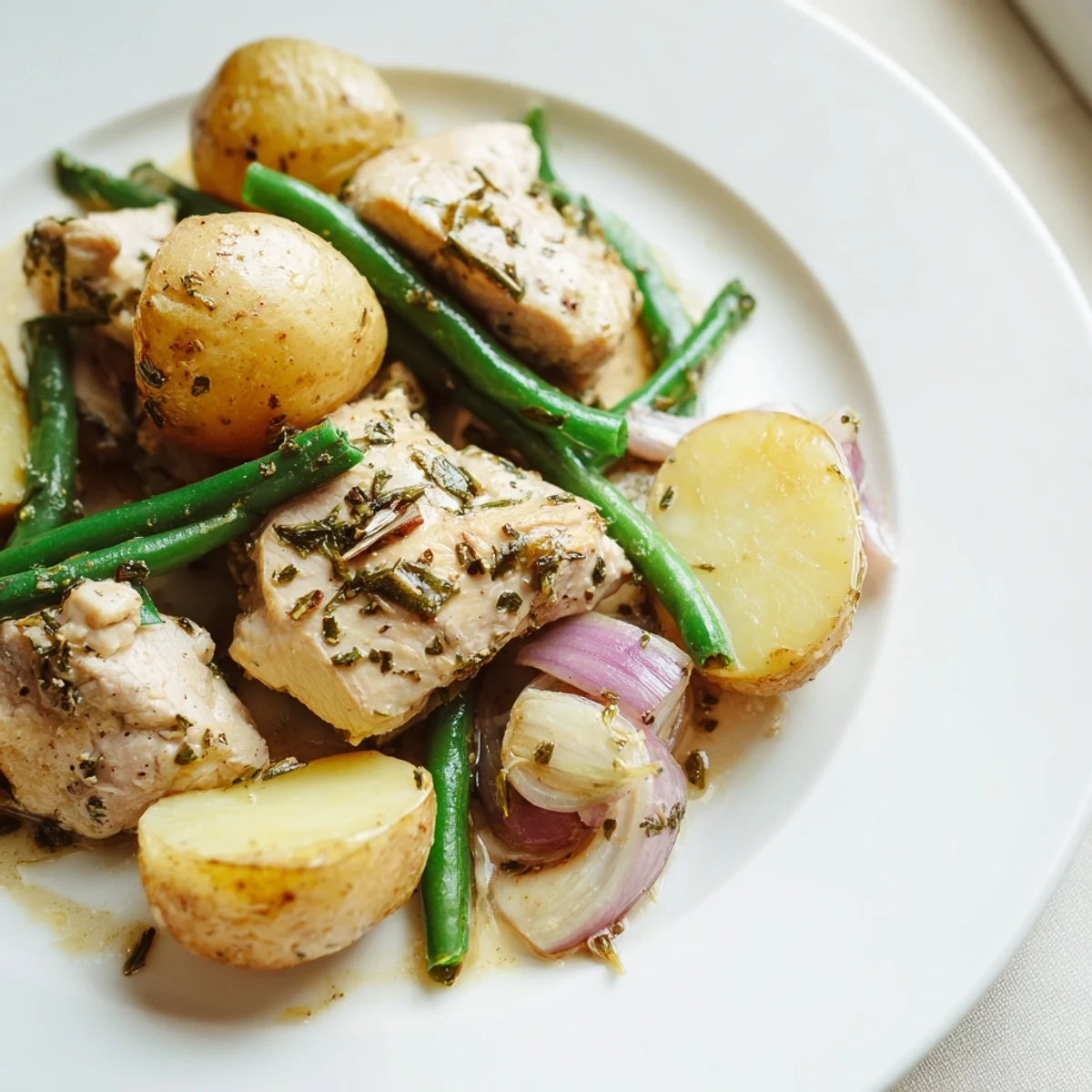 Savory slow cooker chicken and potatoes with green beans arranged on a rustic wooden board