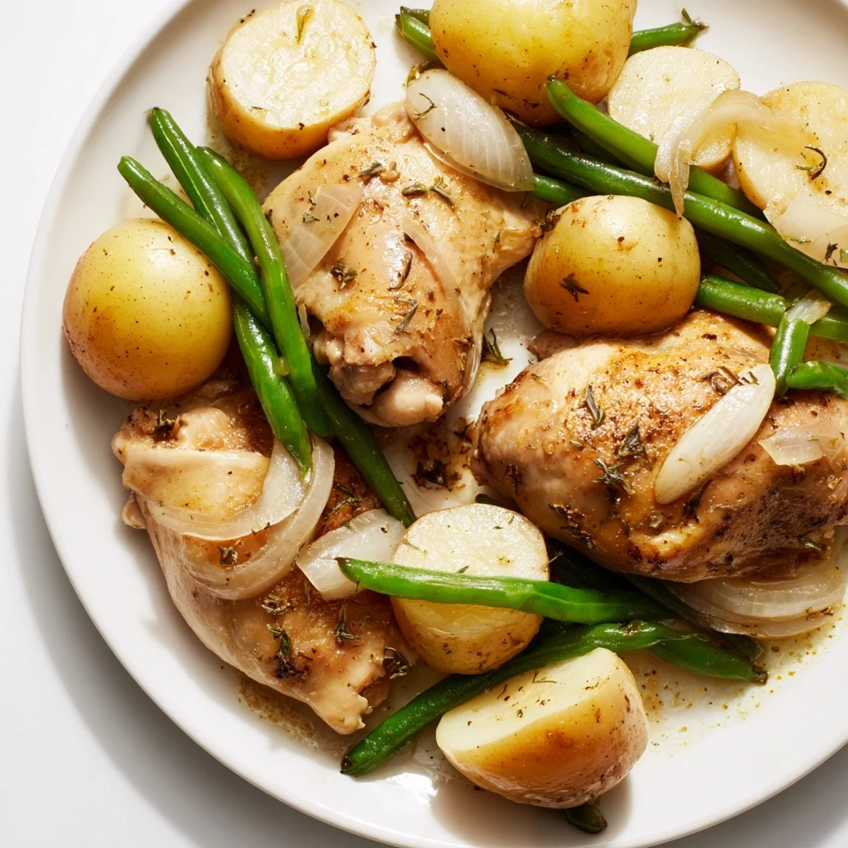 Tender one-pot slow cooker chicken and potatoes with green beans garnished with fresh parsley