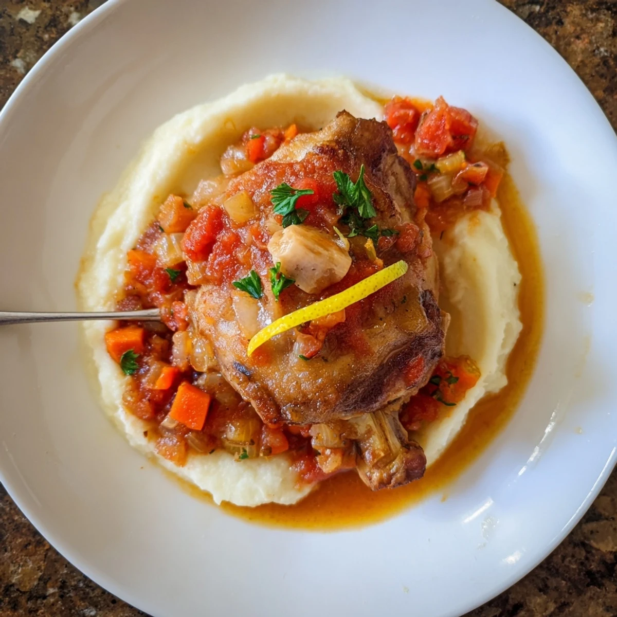 Steaming Chicken Thigh Osso Bucco spooned over creamy polenta, lemon zest