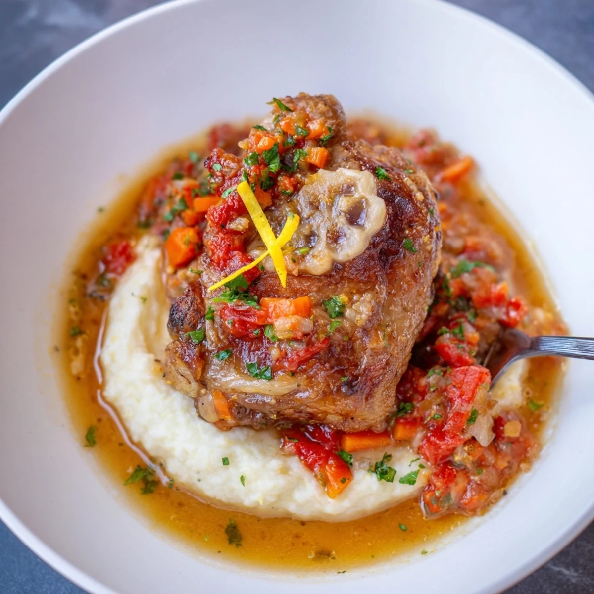 Chicken Thigh Osso Bucco braised in tomato and white wine sauce, tender