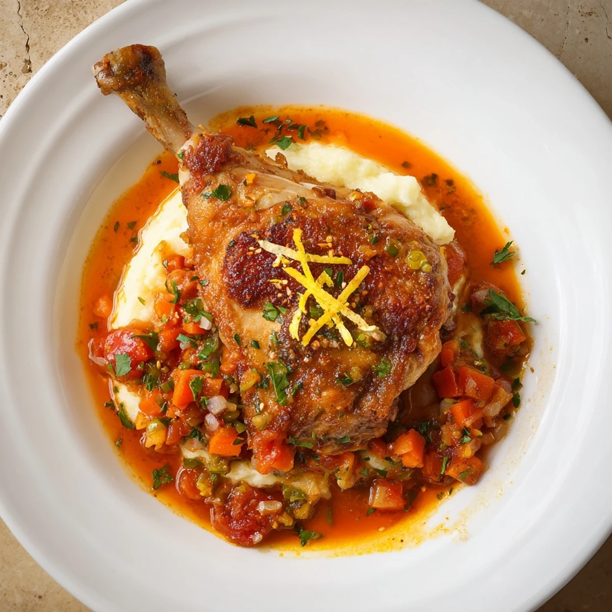 Golden seared Chicken Thigh Osso Bucco simmering with carrots, celery, fragrant garlic