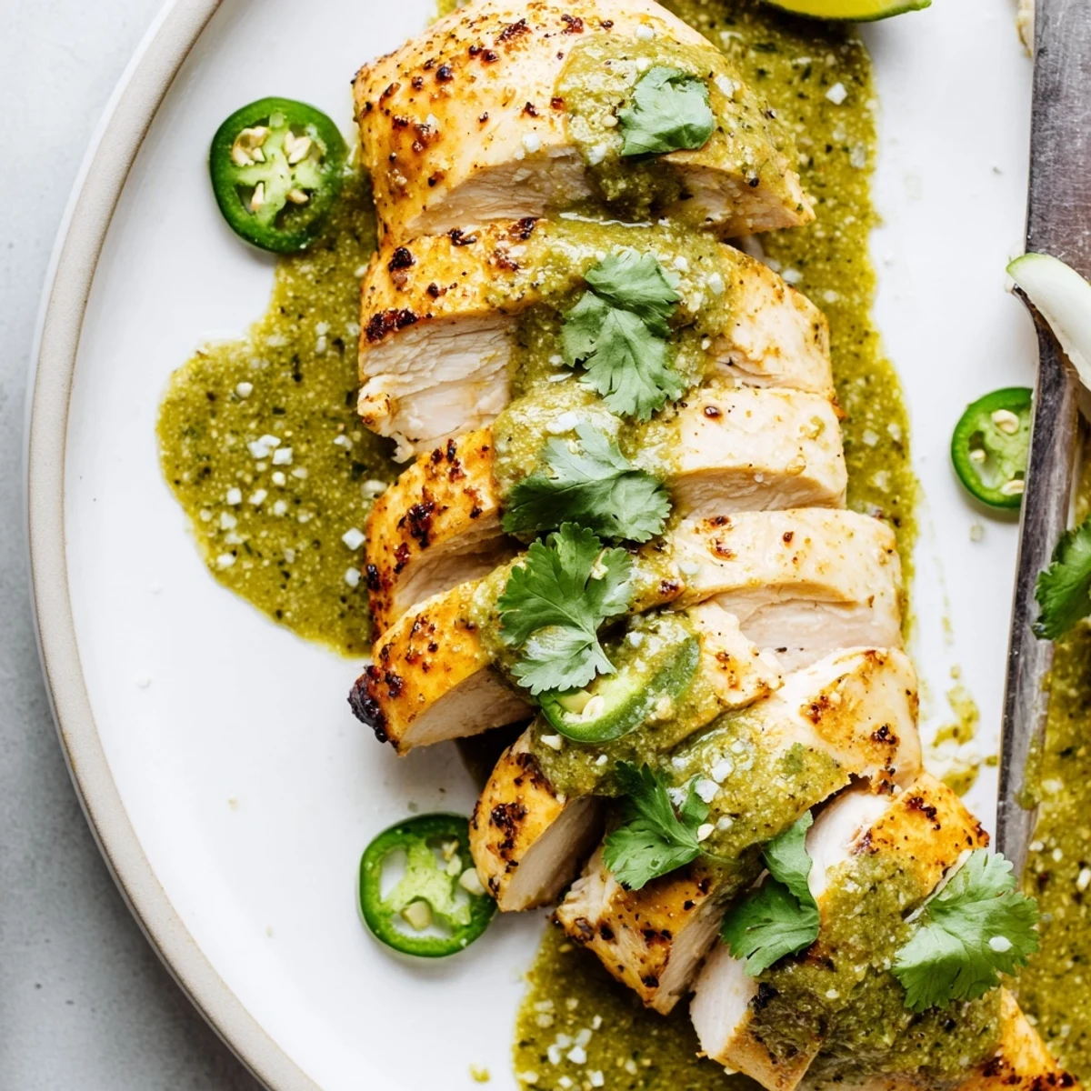 Oven-roasted Tomatillo Ranch Chicken sliced on plate with lime wedge