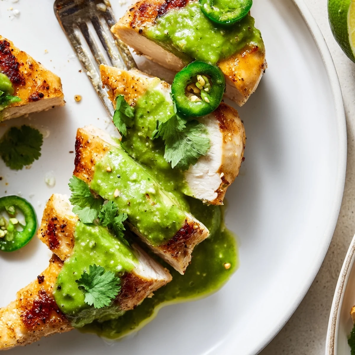 Tomatillo Ranch Chicken baked to juicy perfection, drizzled with reserved sauce
