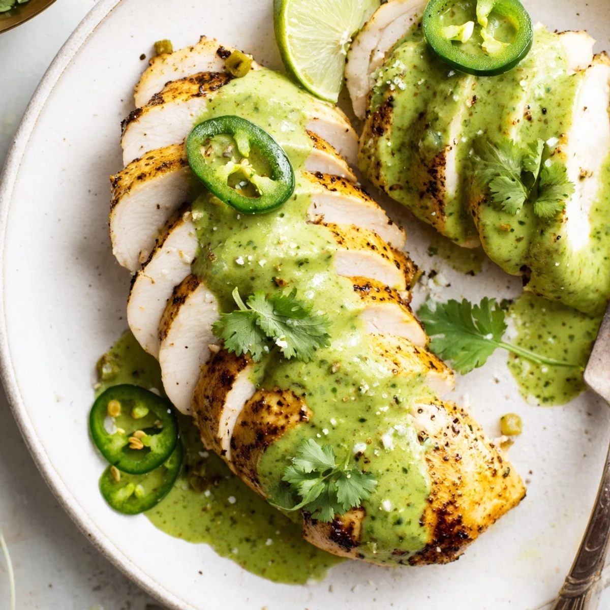 Creamy, zesty Tomatillo Ranch Chicken topped with cilantro, served over rice