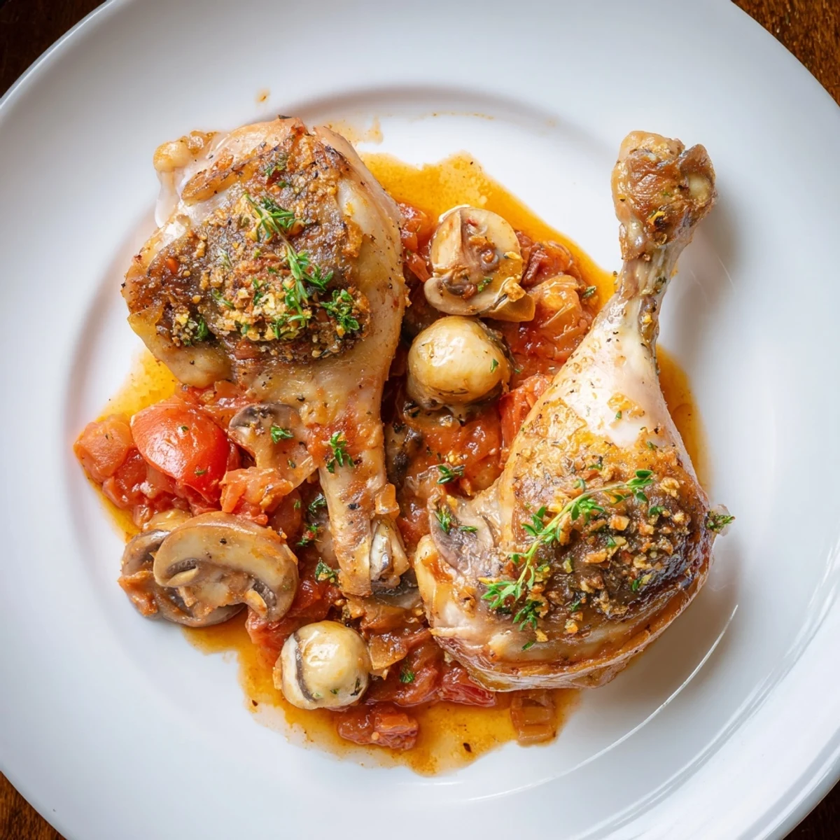 Classic French Hunters Chicken in rustic pan, golden skin, mushroom tomato sauce.
