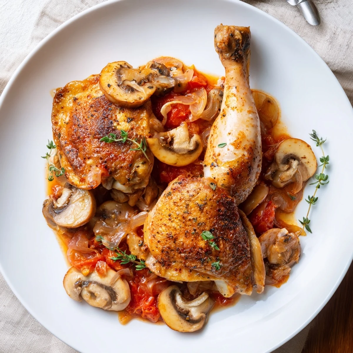 Pan seared Classic French Hunters Chicken, thyme scented sauce and crusty bread for dipping.