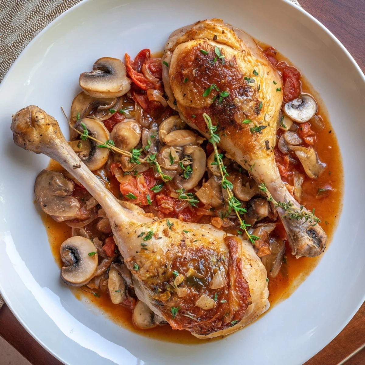 Slow simmered Classic French Hunters Chicken with white wine aroma, served over mashed potatoes.