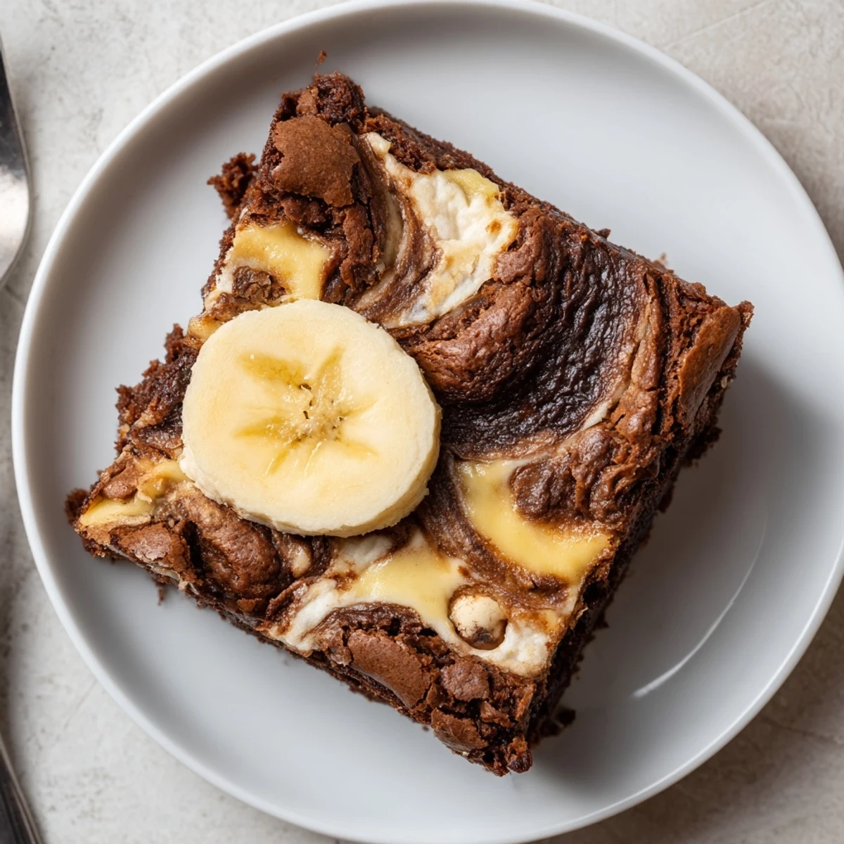 Chilled Banana Pudding Brownies cut into squares, garnished with vanilla ice cream