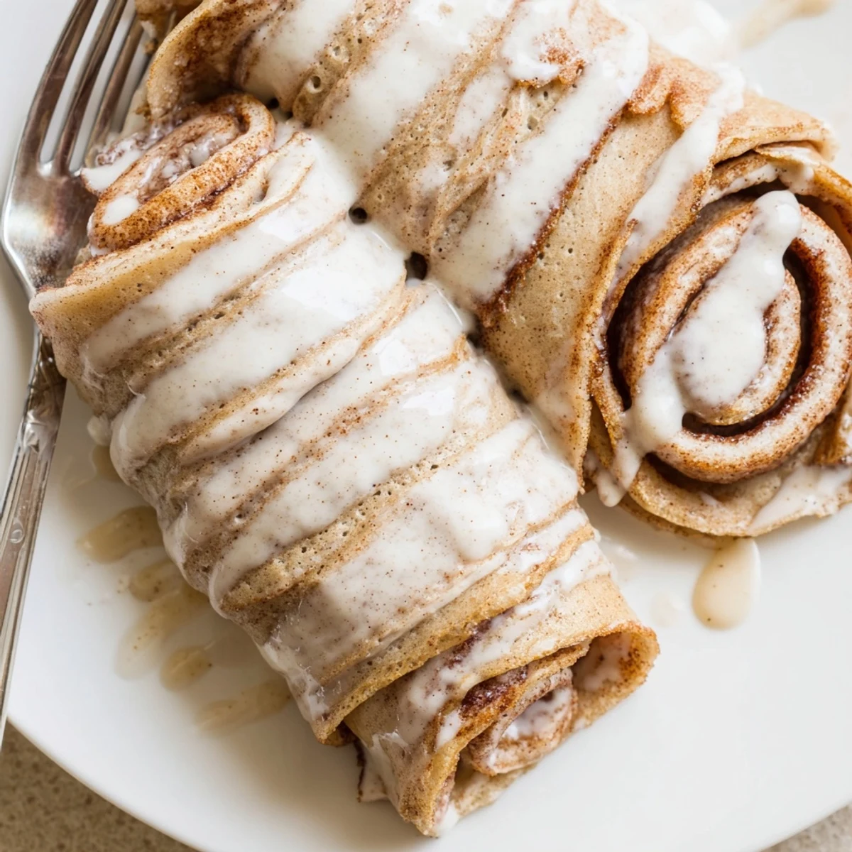 Thin cinnamon roll protein crepes drizzled with sweet vanilla glaze on a white plate