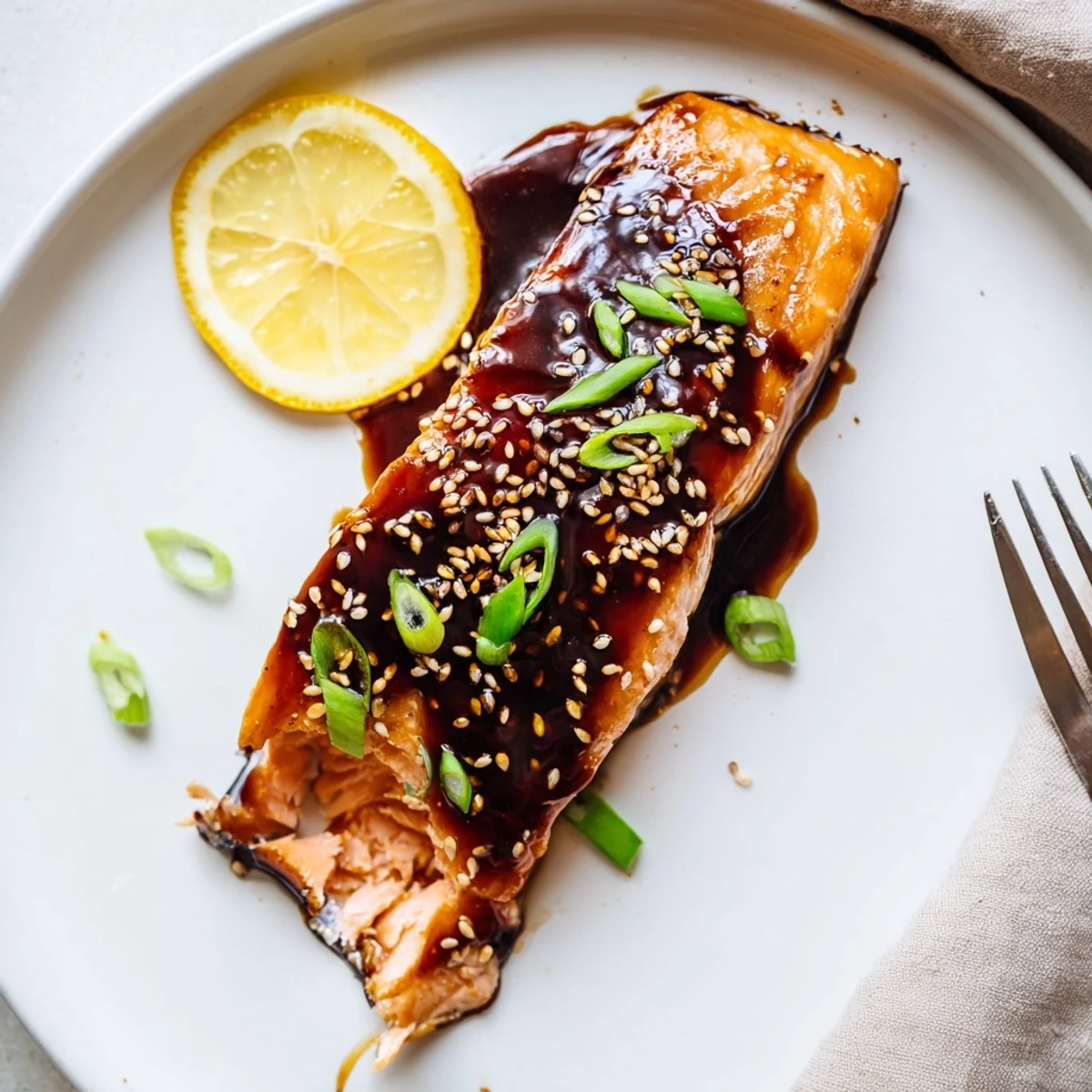 Caramelized gluten free teriyaki salmon fillets drizzled with sauce and sprinkled with sesame seeds