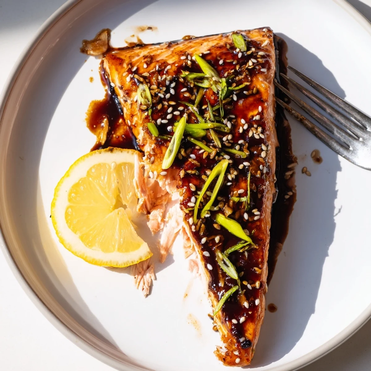 Oven-baked gluten free teriyaki salmon resting on parchment paper with a thick glossy glaze