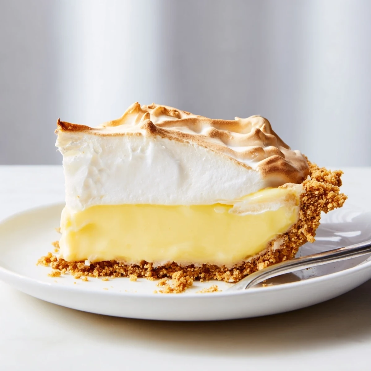 Creamy real lemon pie with golden meringue topping sliced on a rustic plate