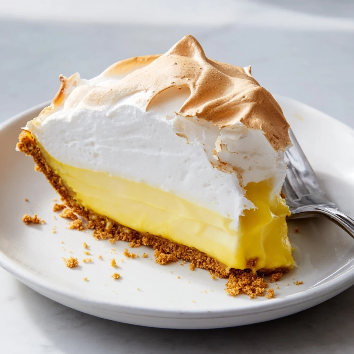 Real lemon pie garnished with lemon zest curls served on a white dish