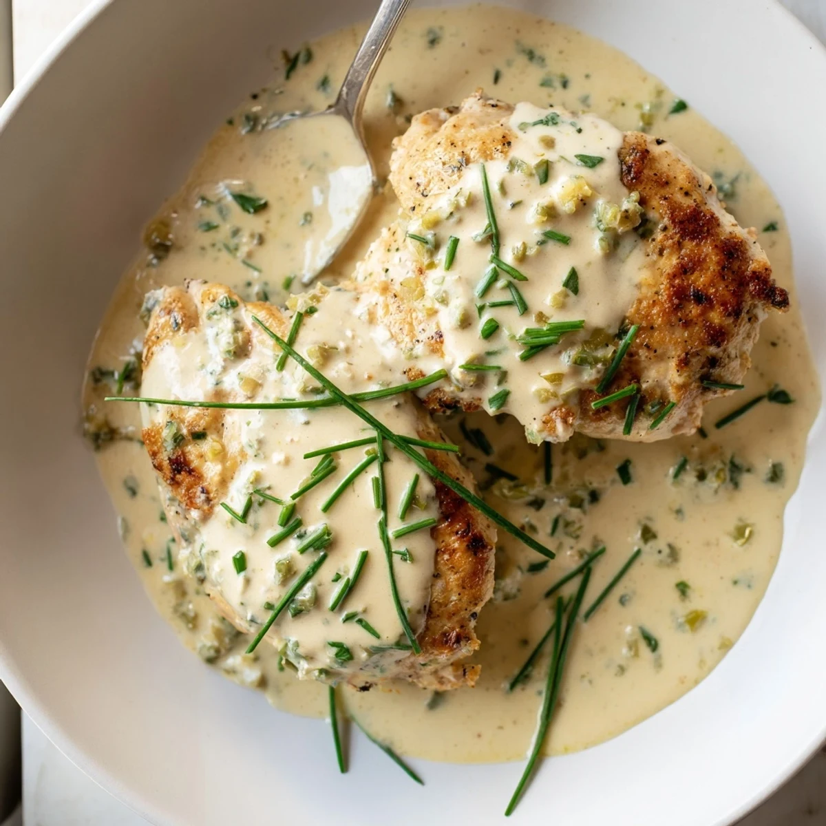 Creamy Boursin sauce with garlic and herbs drizzled over golden seared chicken breasts on a white plate