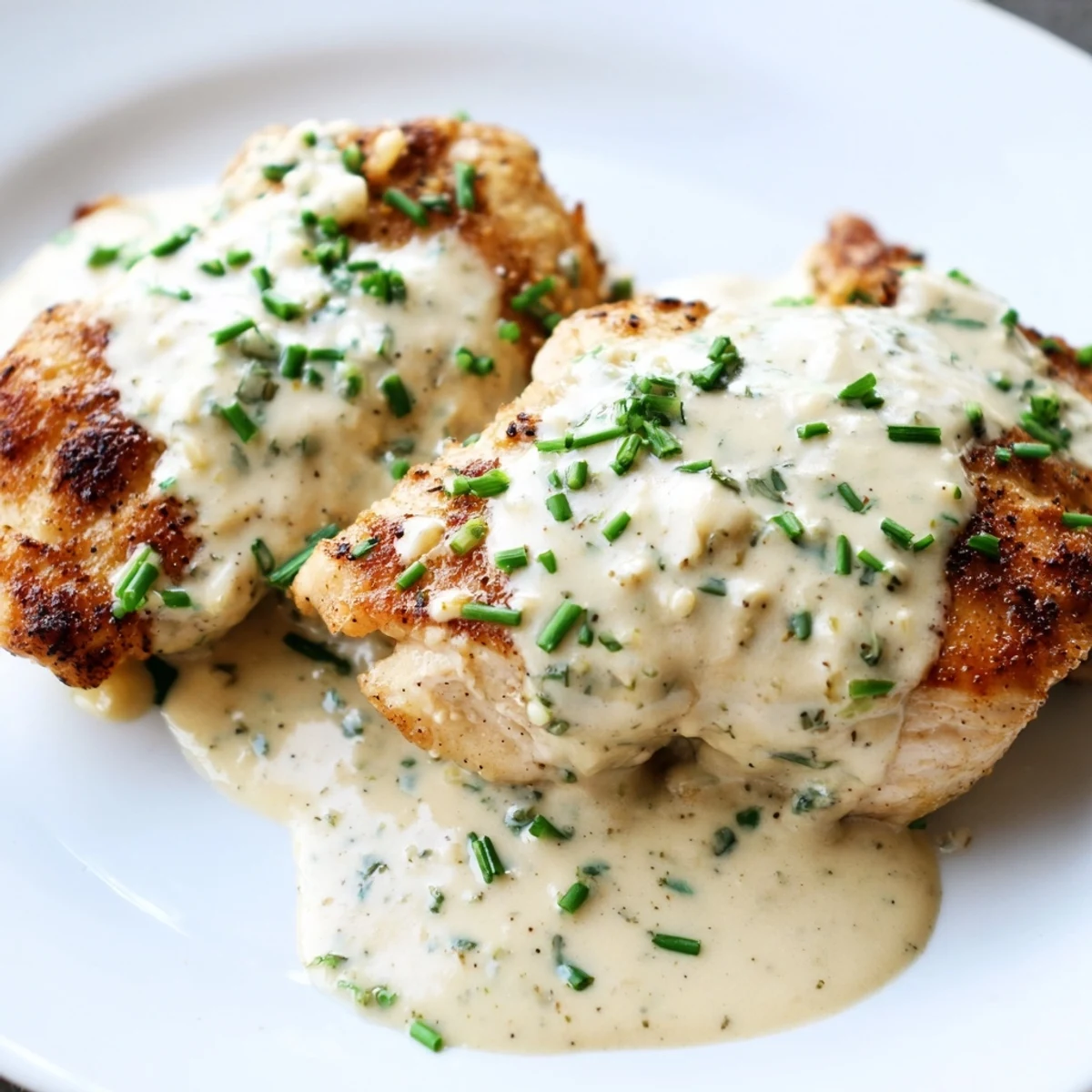Juicy pan-seared chicken with Boursin sauce nestled in a cast iron skillet with fresh chive garnish