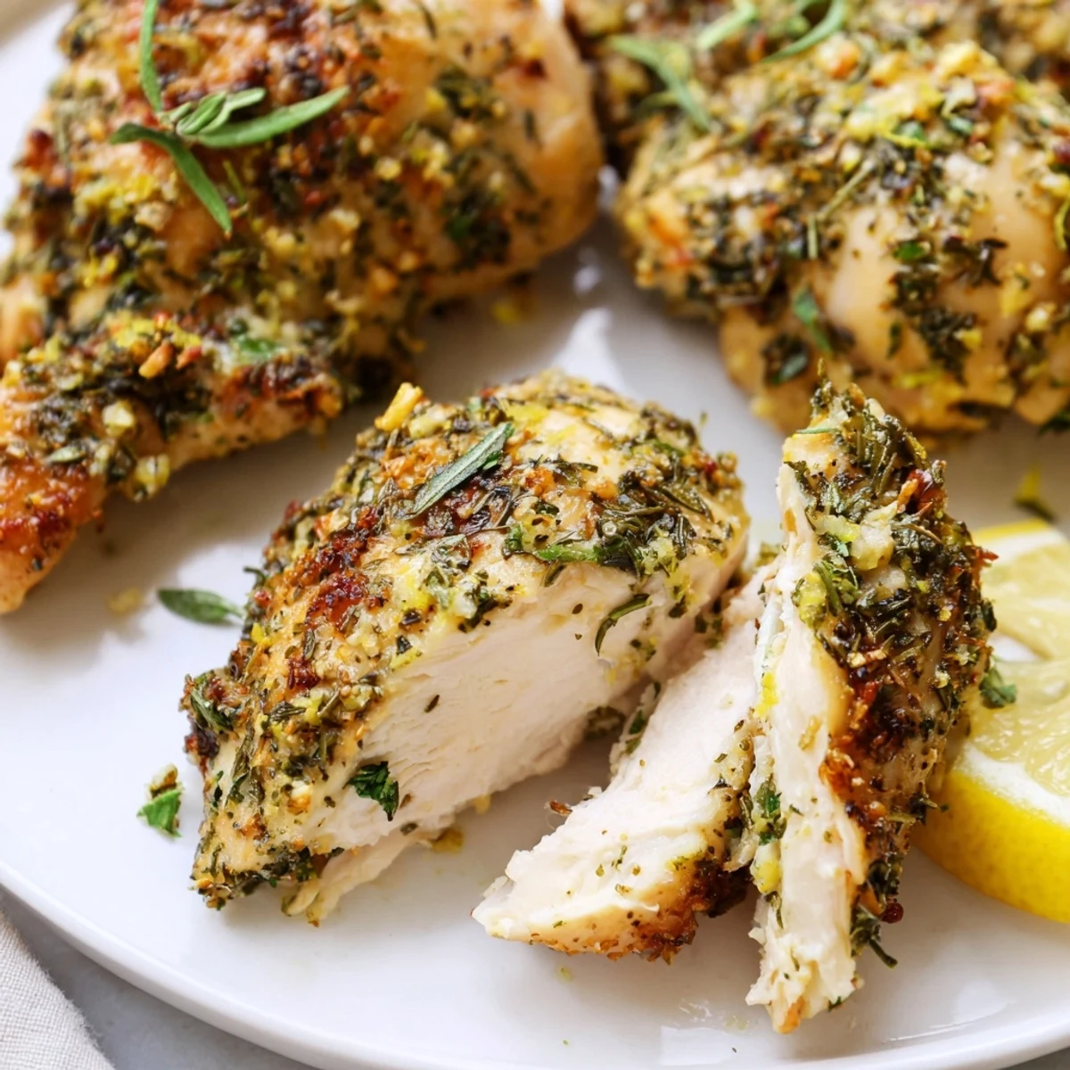 Golden Savory Garlic Herb Chicken fresh from the oven with fragrant rosemary and crispy edges