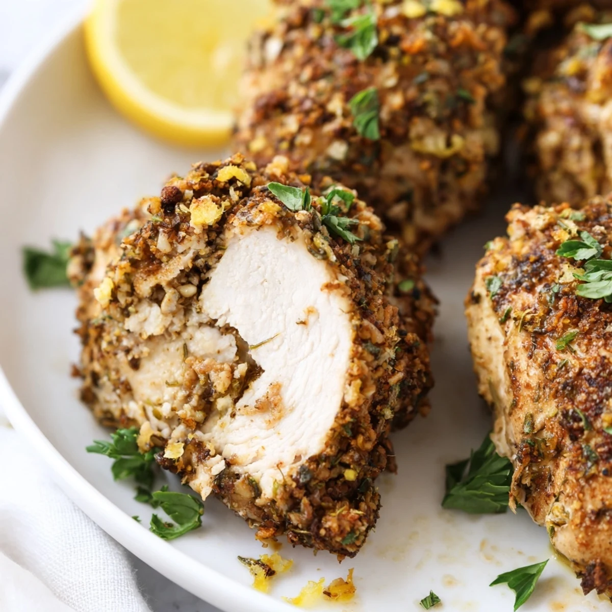 Juicy sliced Savory Garlic Herb Chicken plated with bright lemon wedges and fresh parsley