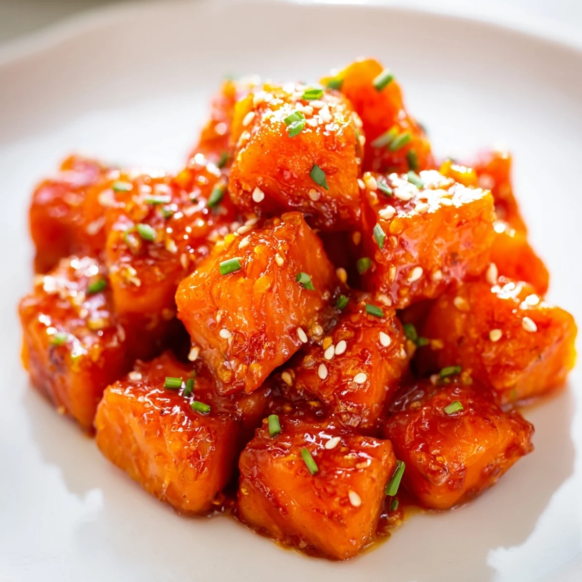 Caramelized hot honey salmon bites glistening with sticky spicy-sweet glaze on a parchment-lined baking sheet