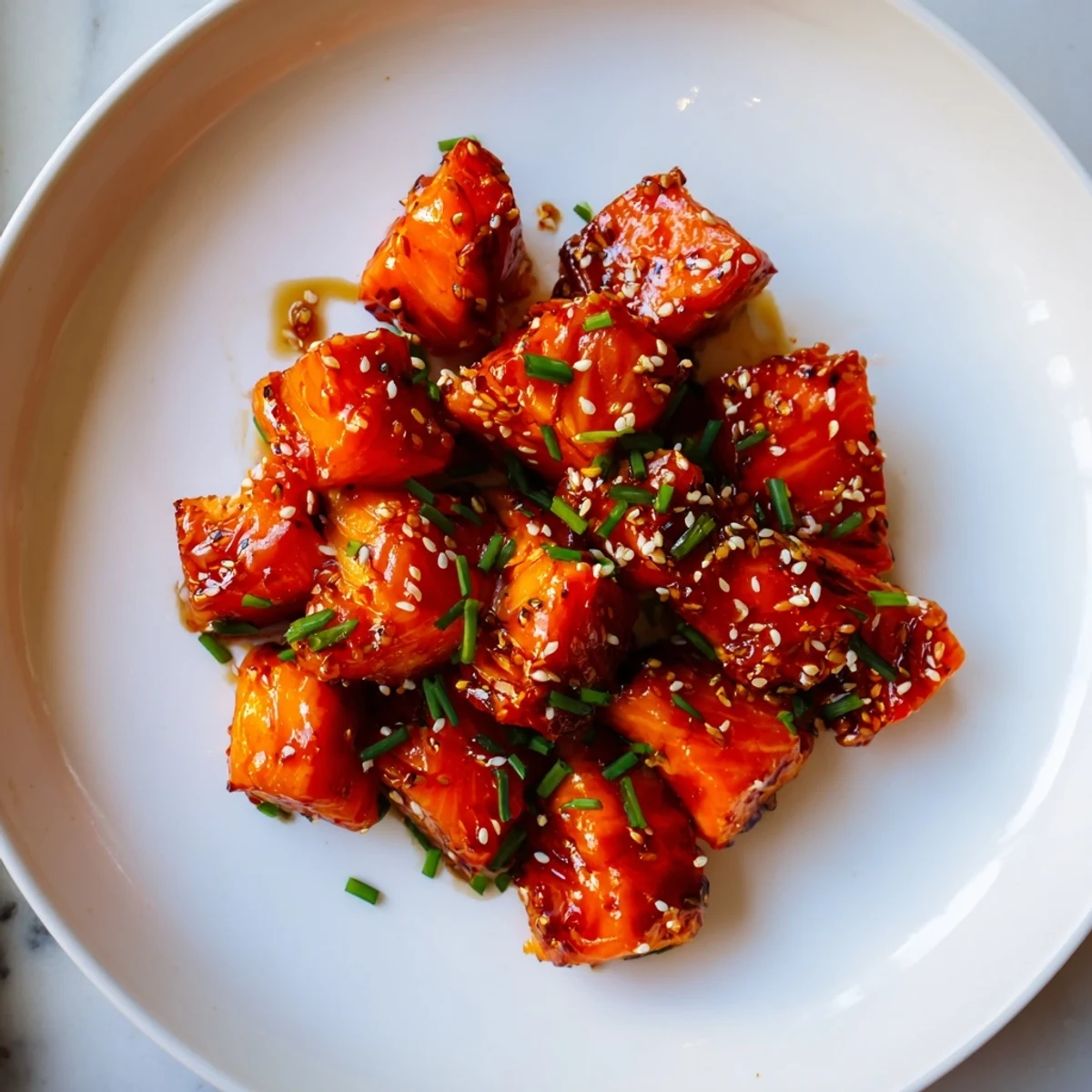 Golden hot honey salmon bites topped with sesame seeds and fresh green onion garnish