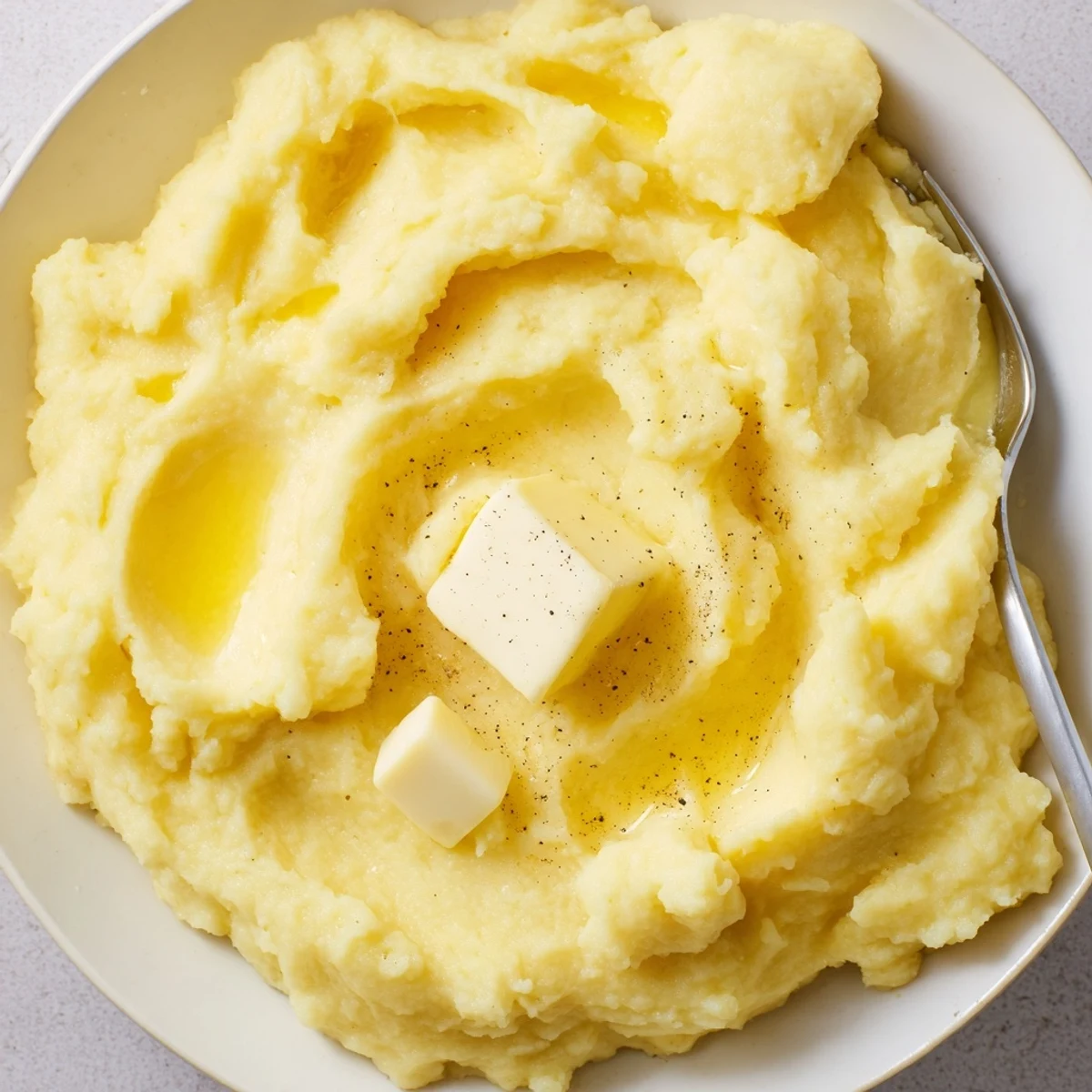 Creamy Velvety Mashed Potatoes piped into elegant rosettes on a holiday plate