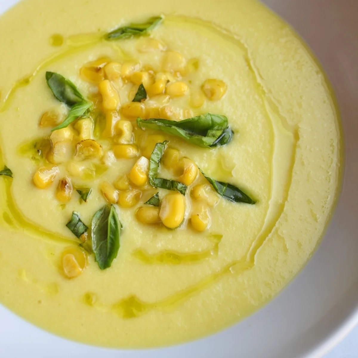 Creamy summer sweet corn gazpacho topped with raw corn kernels and a drizzle of olive oil