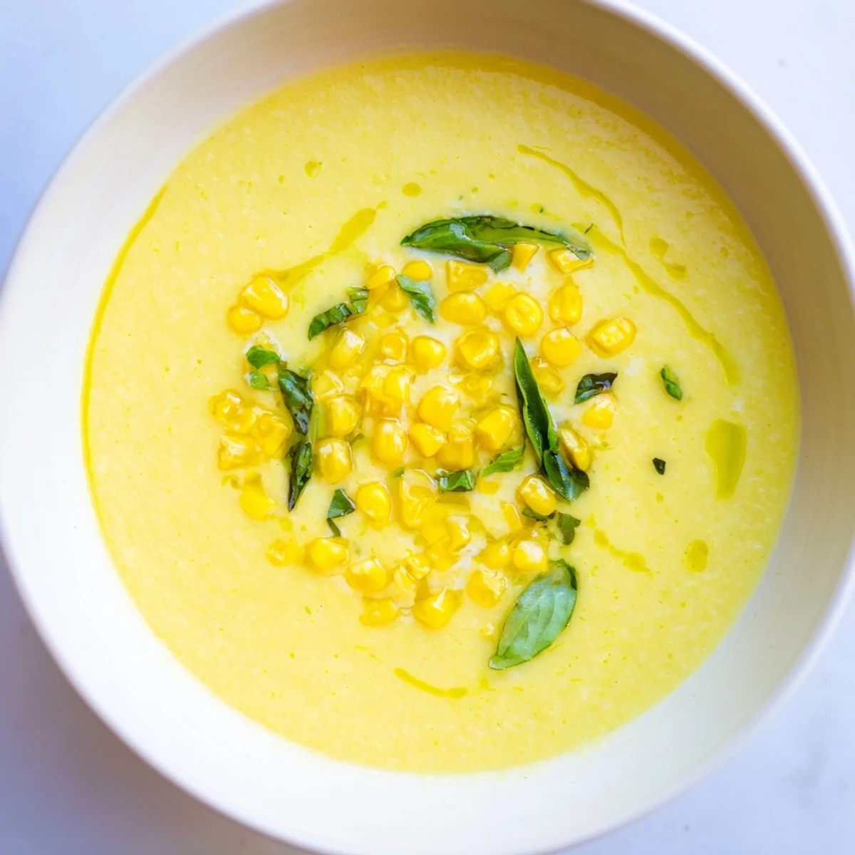 Golden summer sweet corn gazpacho served chilled in a white bowl with fresh basil garnish